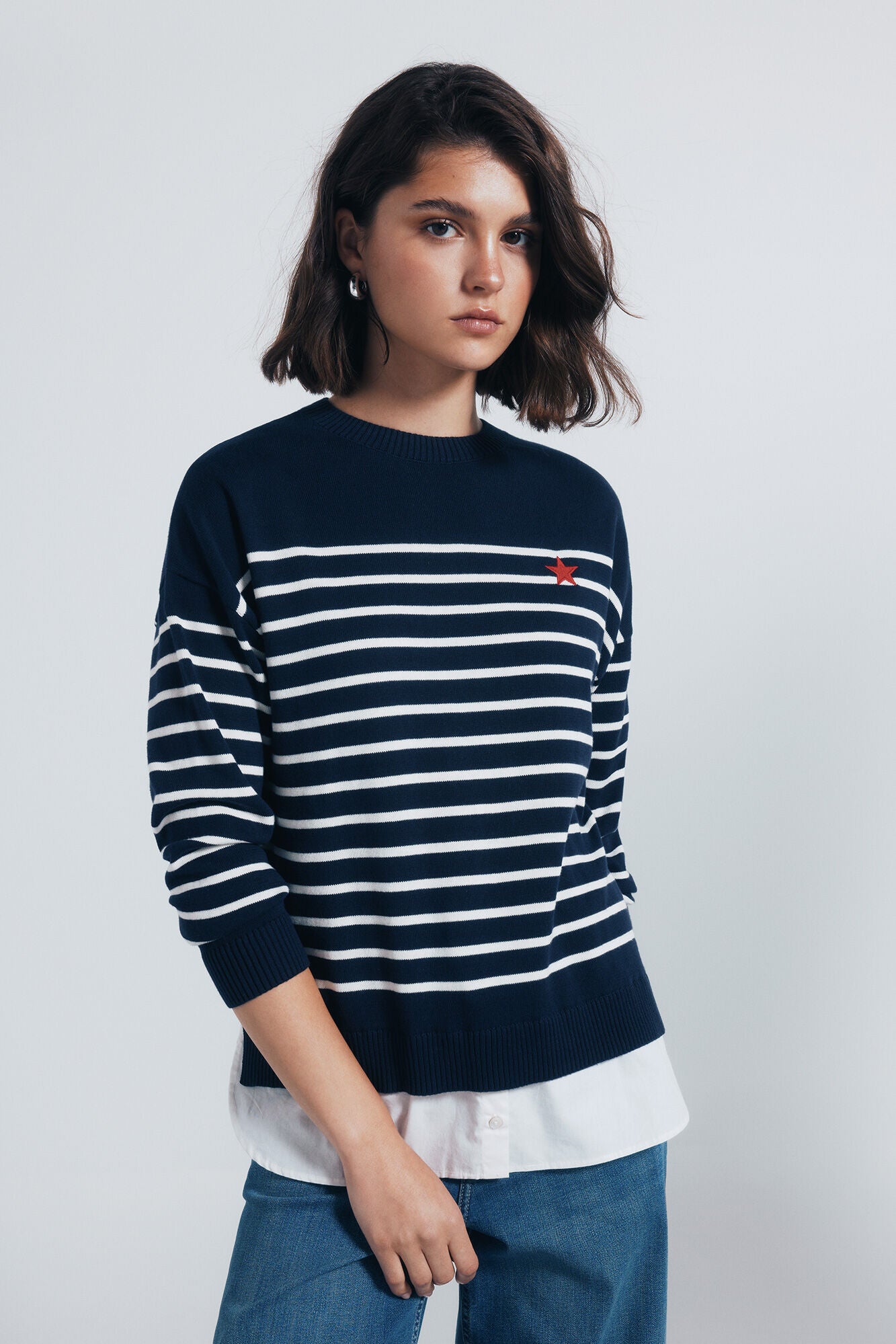 Combined striped jersey with embroidered detail
