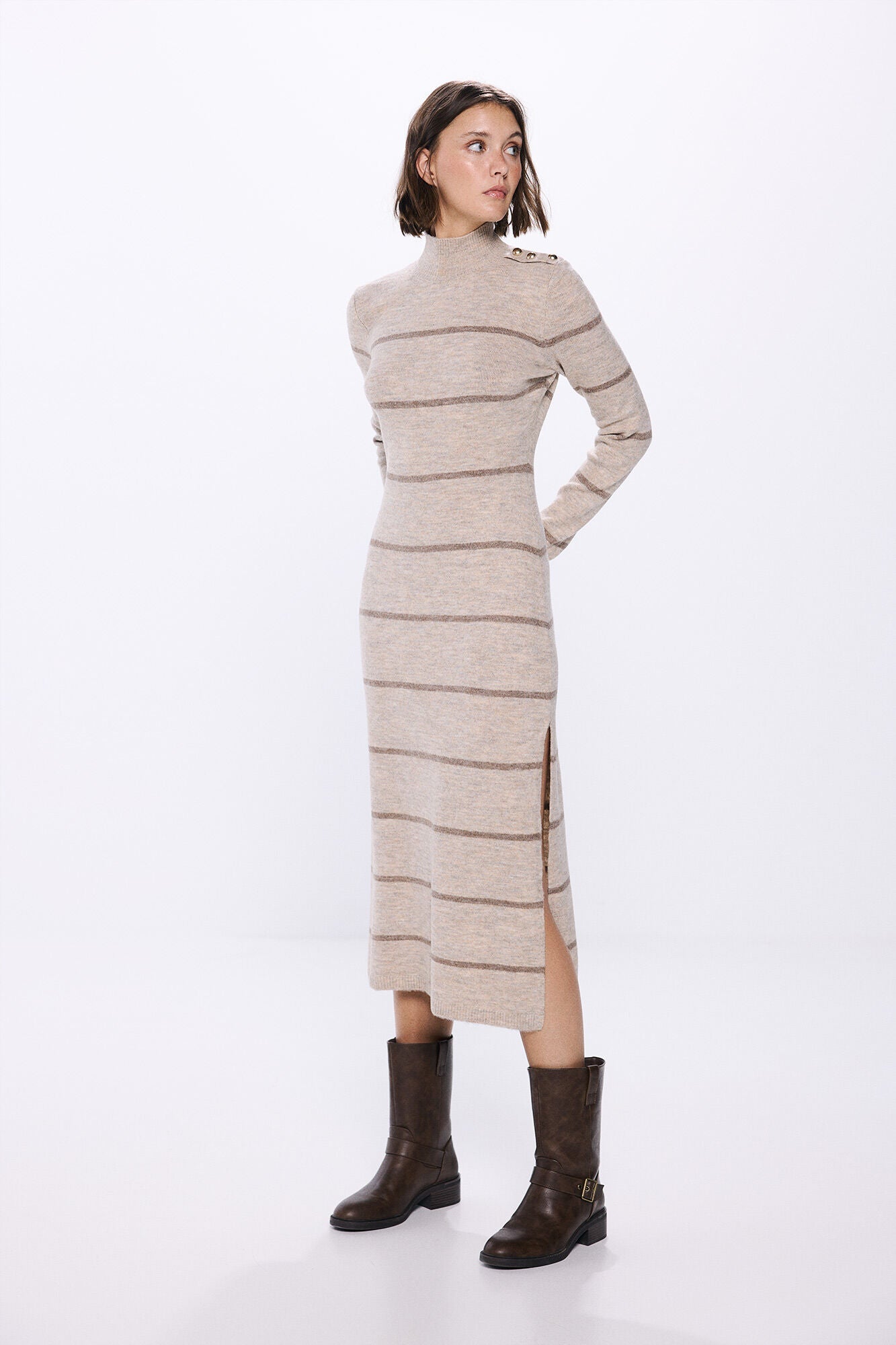 midi knit dress with shoulder buttons