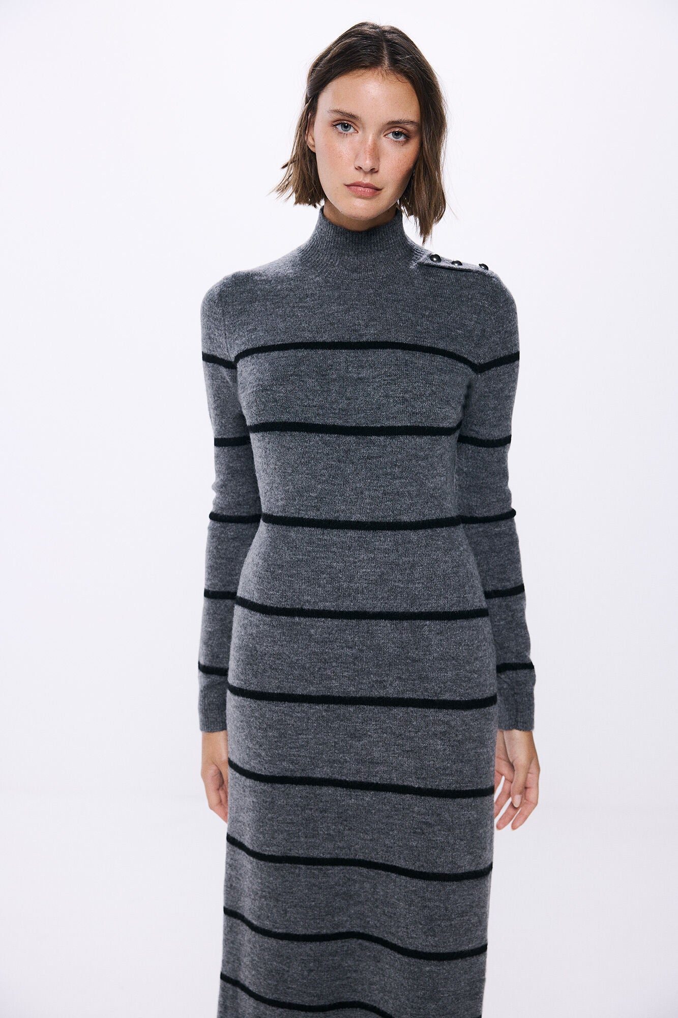 midi knit dress with shoulder buttons
