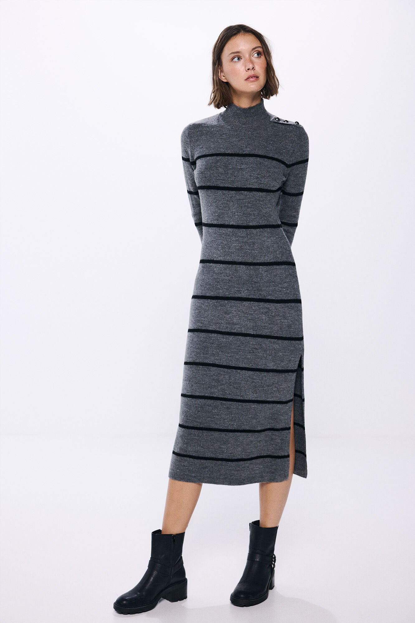 midi knit dress with shoulder buttons