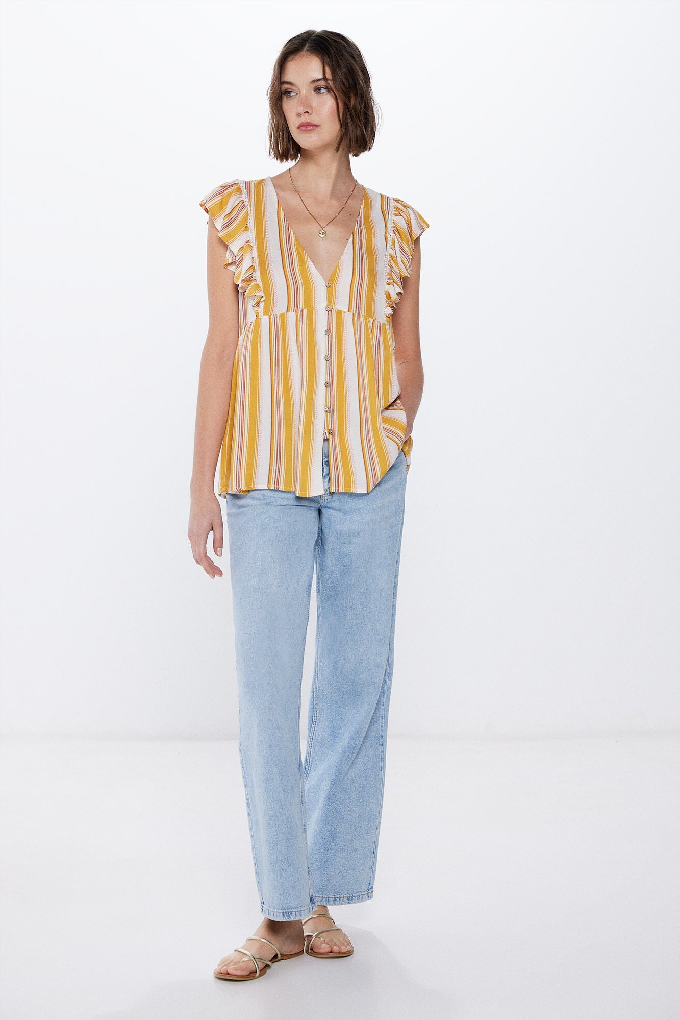 Striped cheesecloth ruffle blouse