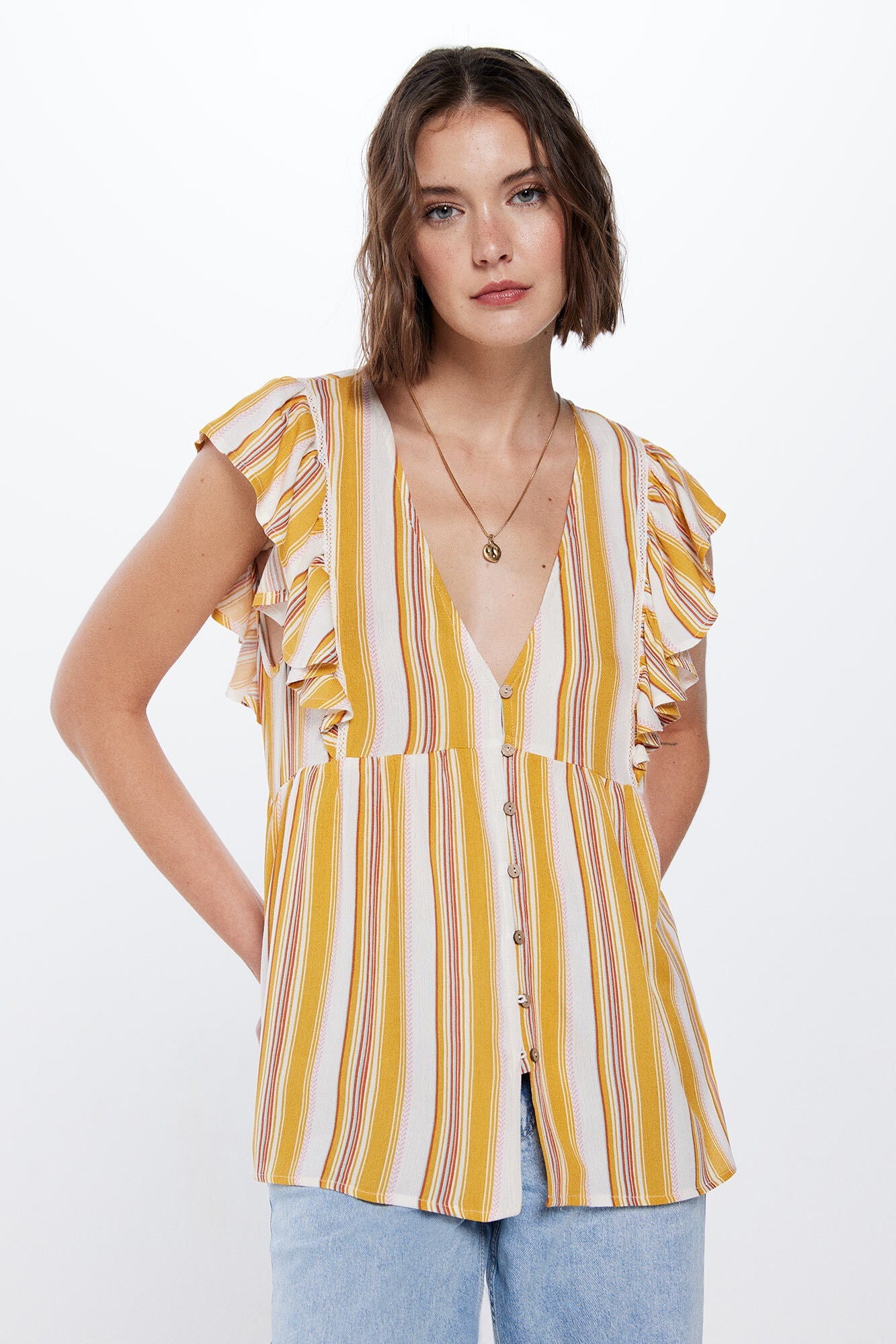 Striped cheesecloth ruffle blouse