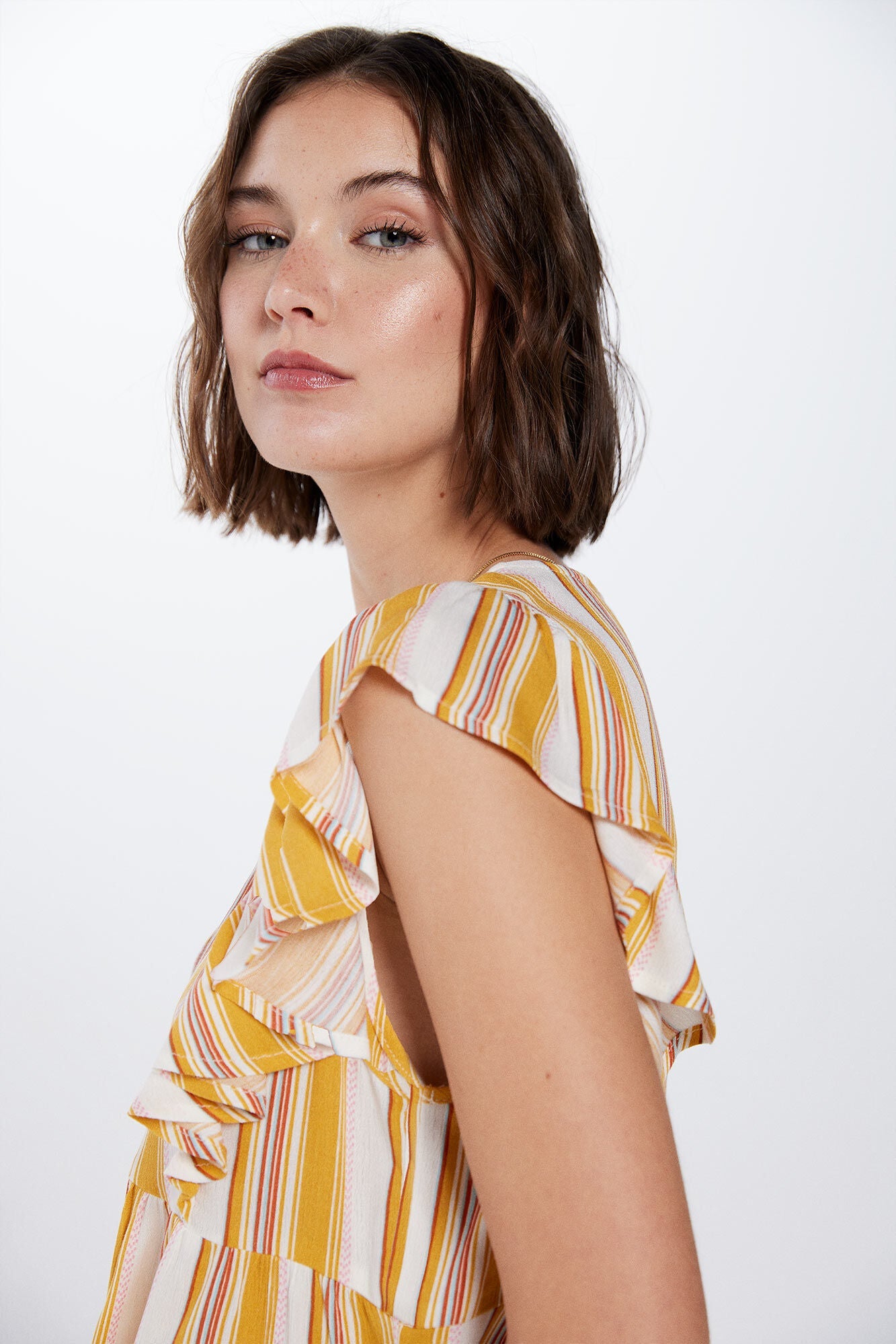 Striped cheesecloth ruffle blouse