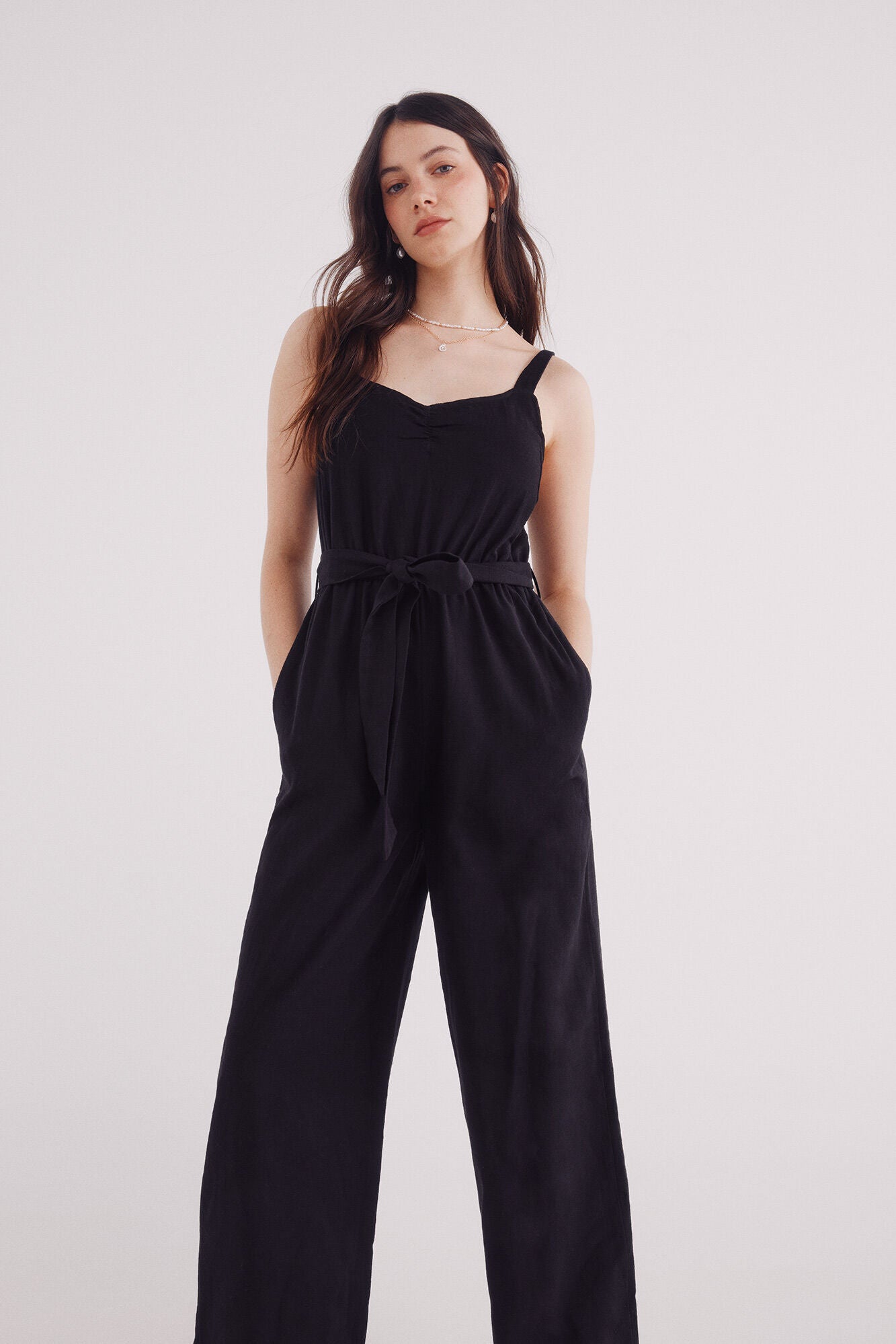 Long cotton strap jumpsuit