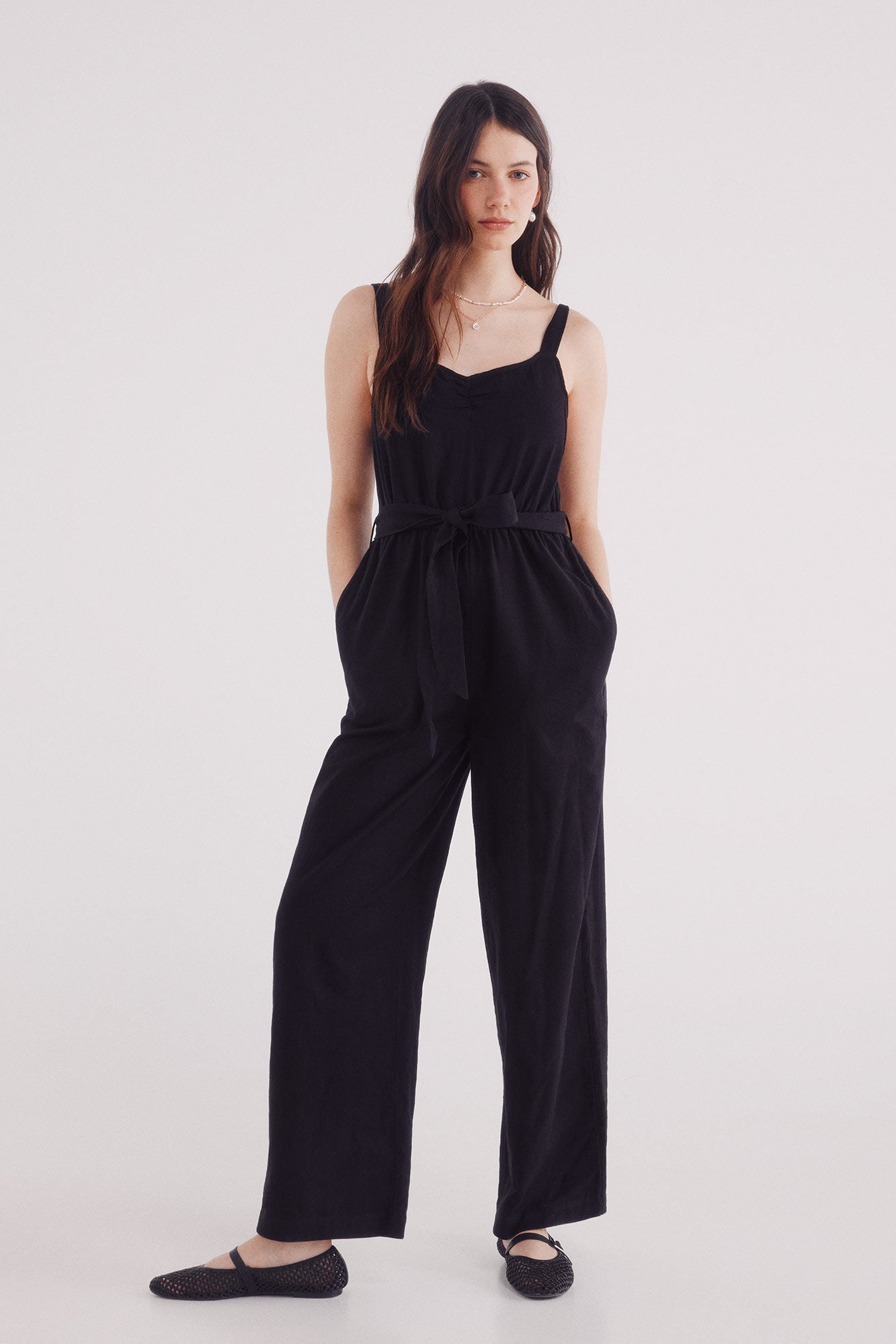 Long cotton strap jumpsuit