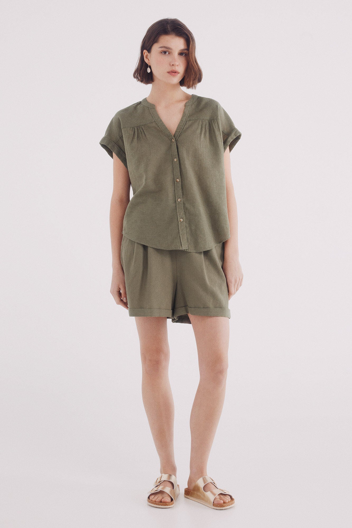 Short elastic waist cotton linen