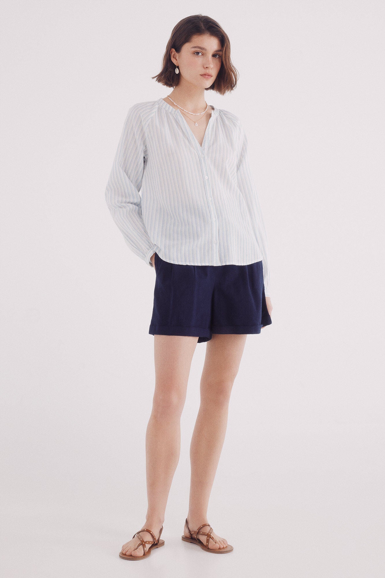 Short elastic waist cotton linen