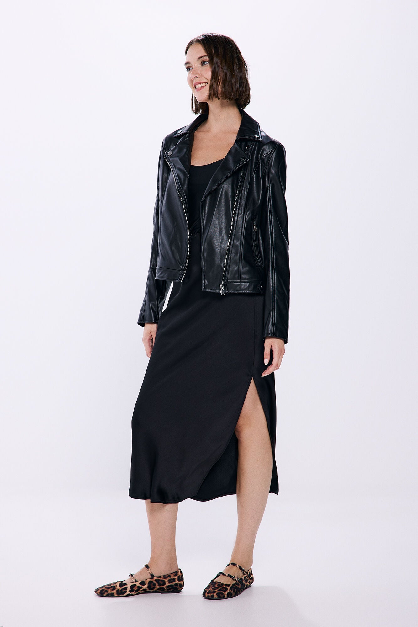 Black satin midi skirt