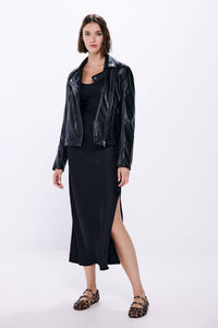 Black satin midi skirt
