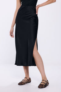 Black satin midi skirt