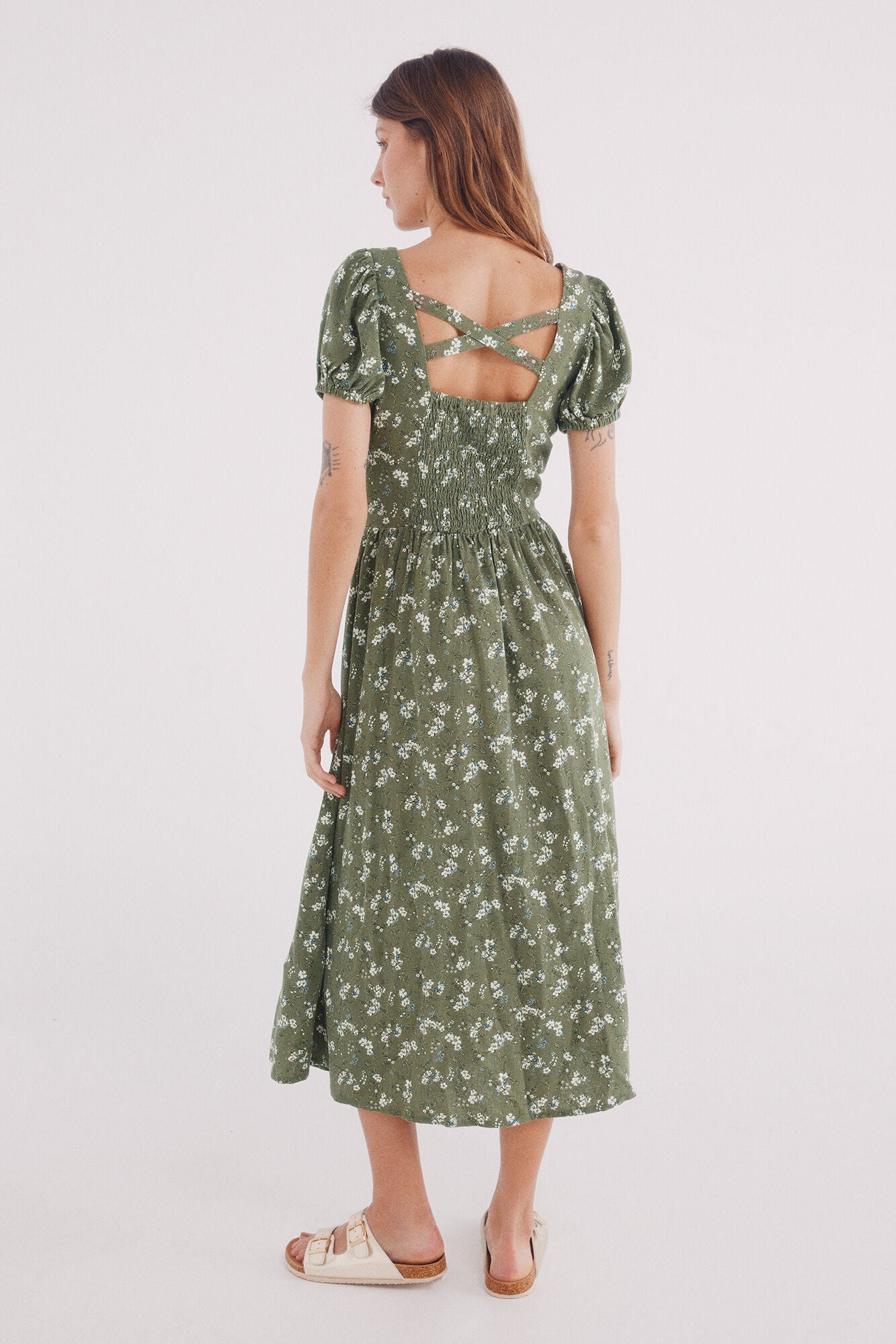 Linen cross-back midi dress