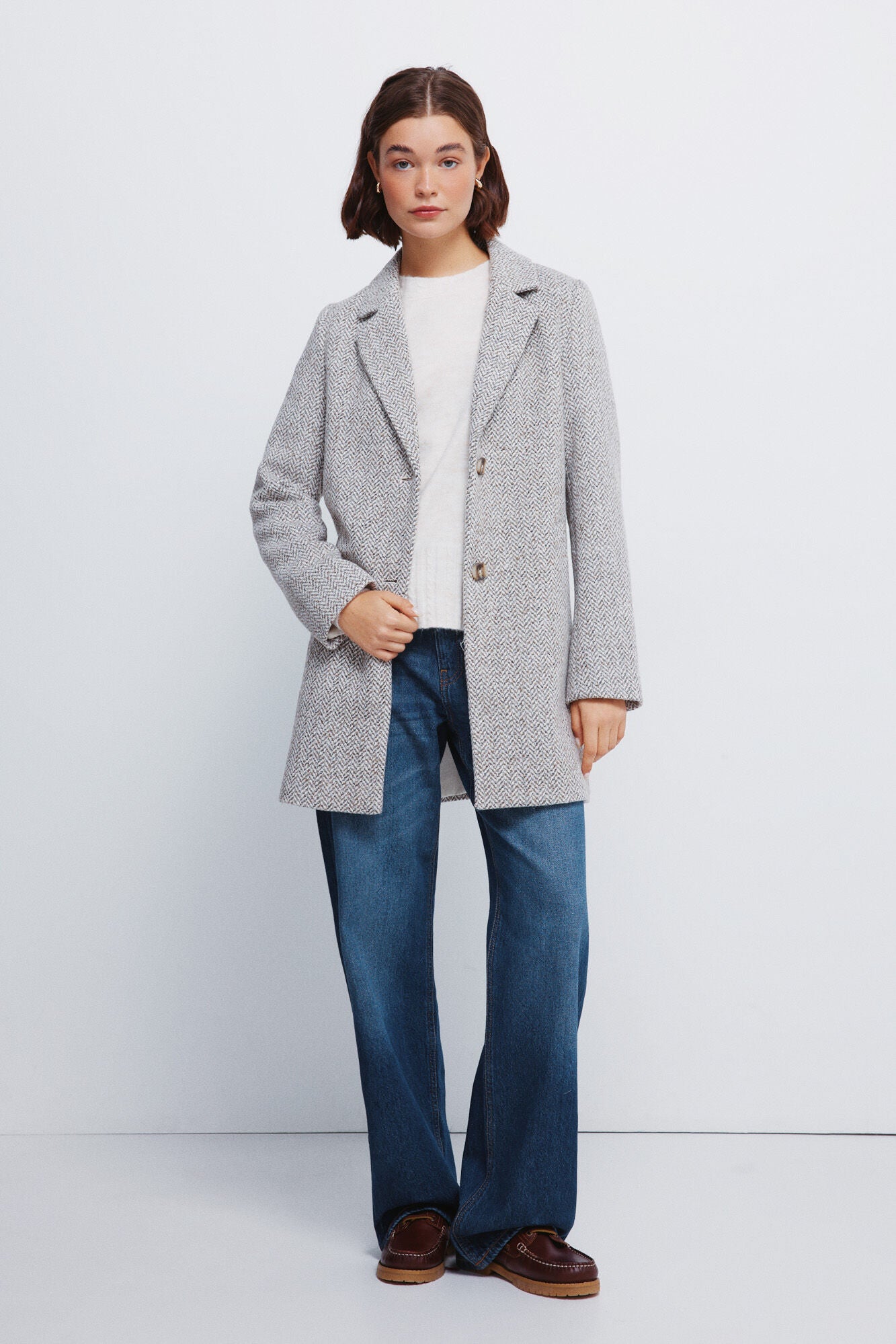 Plaid coat with lapel collar