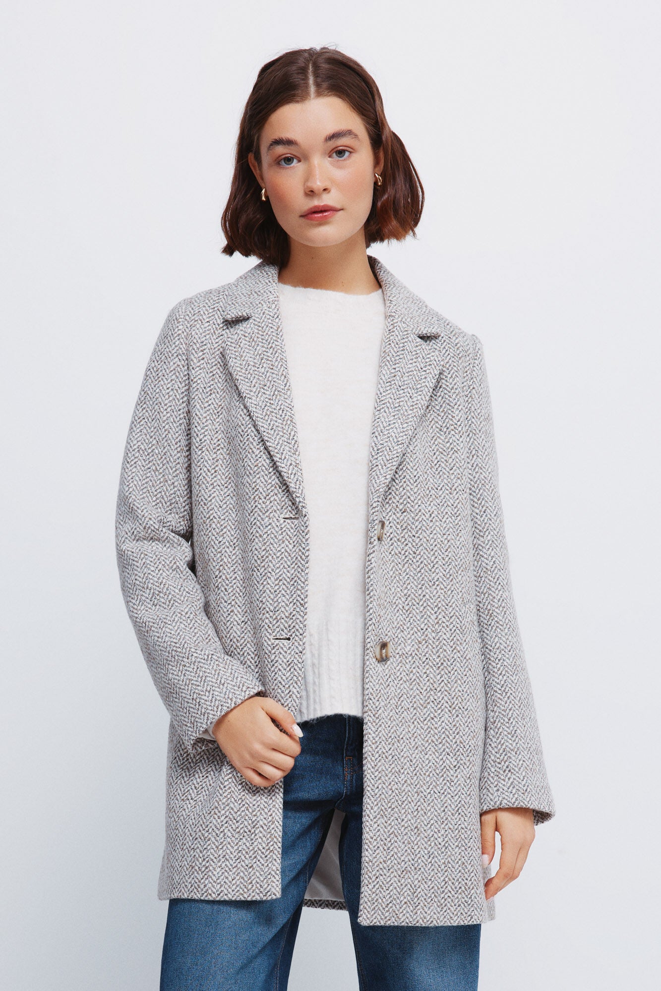 Plaid coat with lapel collar