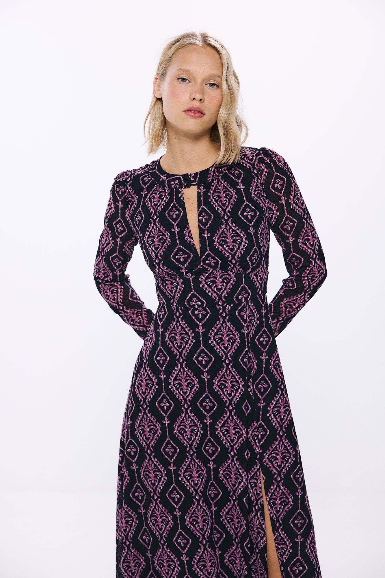 Printed notched neckline midi dress