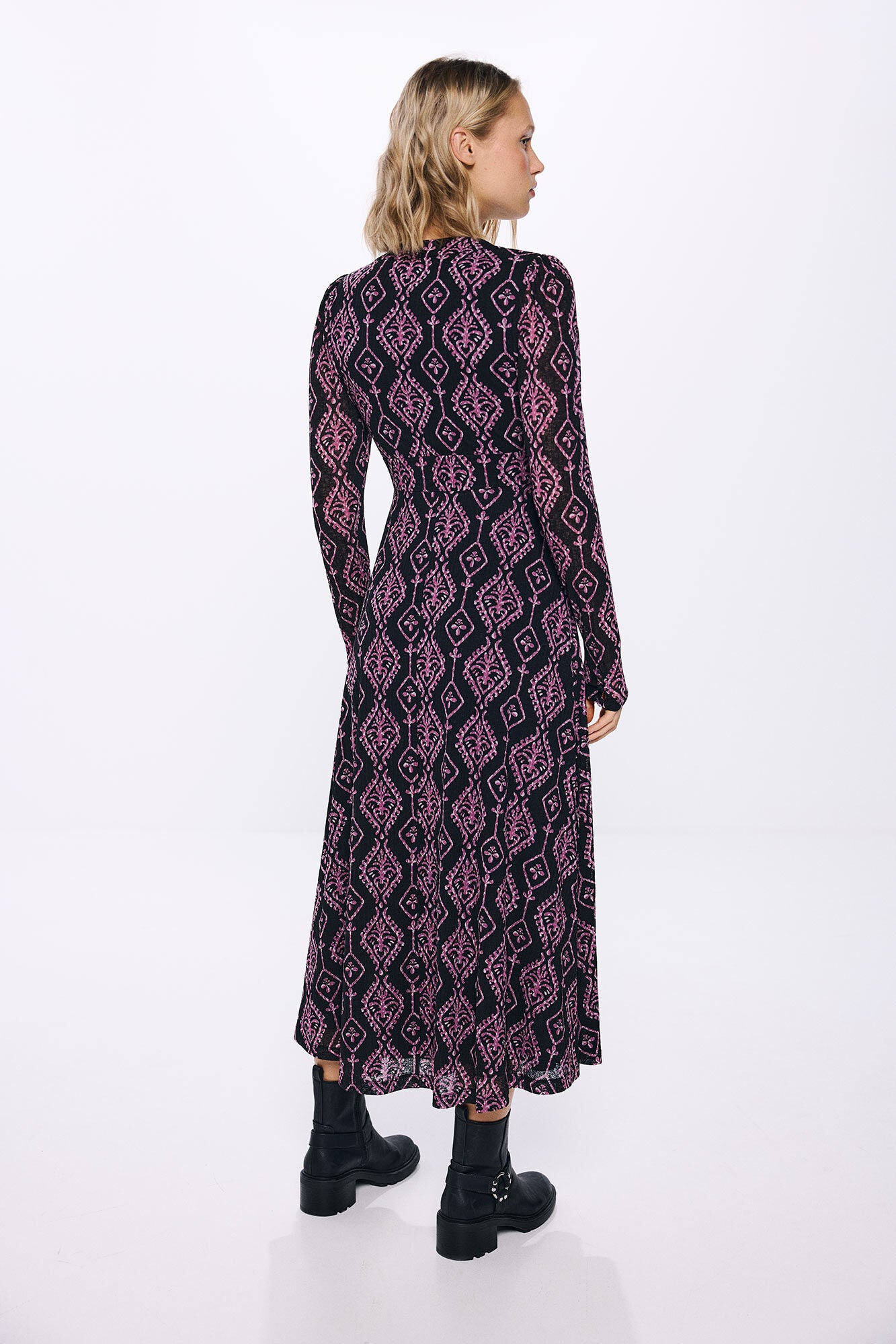 Printed notched neckline midi dress