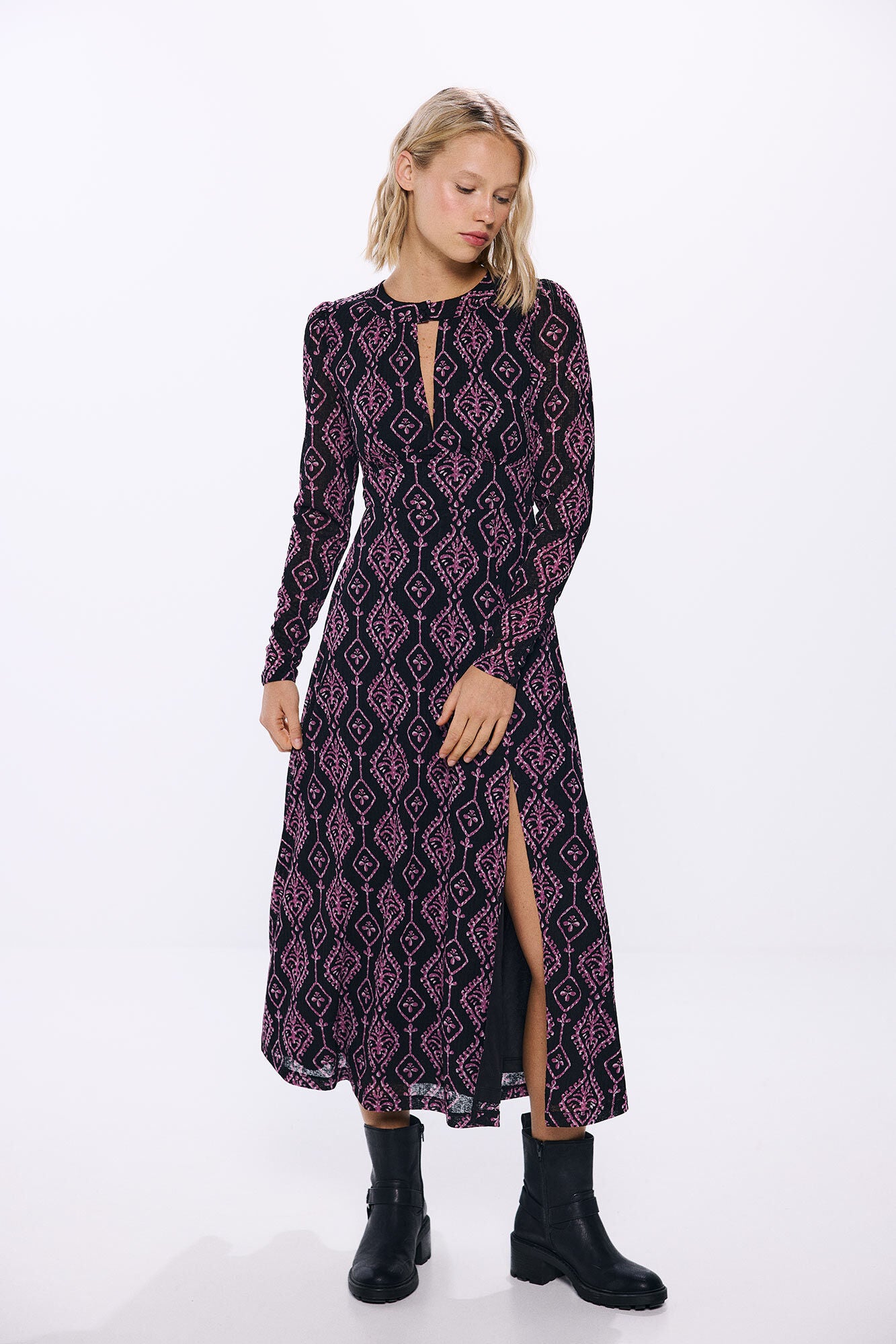 Printed notched neckline midi dress