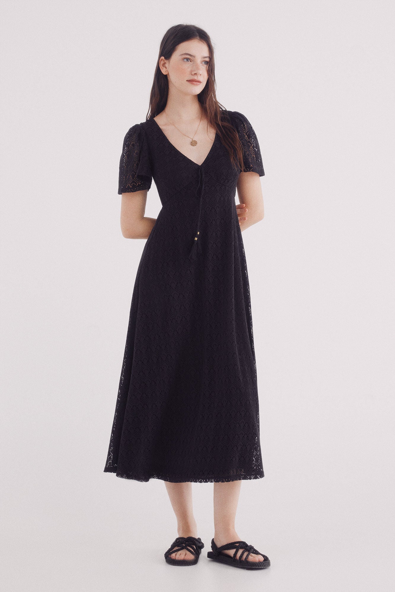 Cape sleeve crochet midi dress