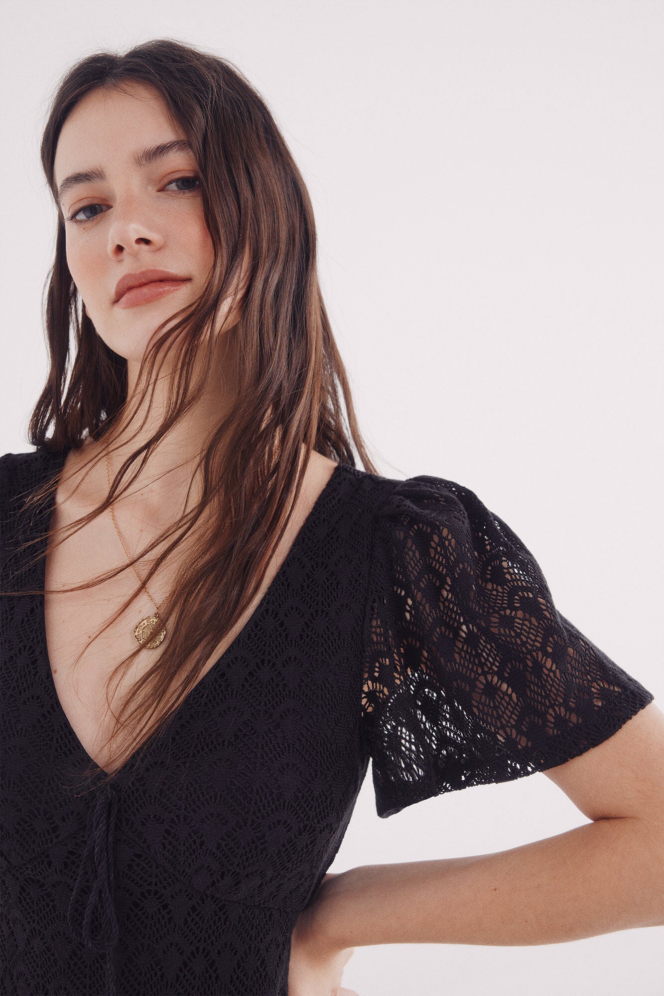 Cape sleeve crochet midi dress