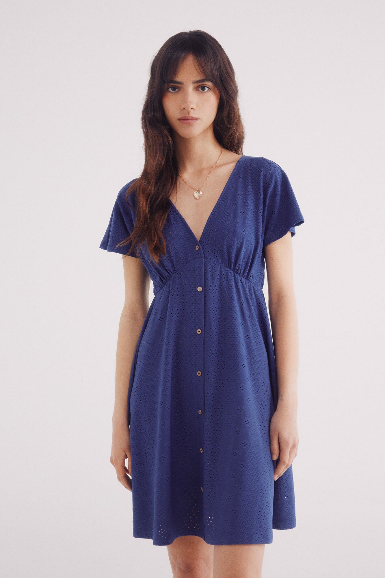 Short dress with Swiss embroidery buttons