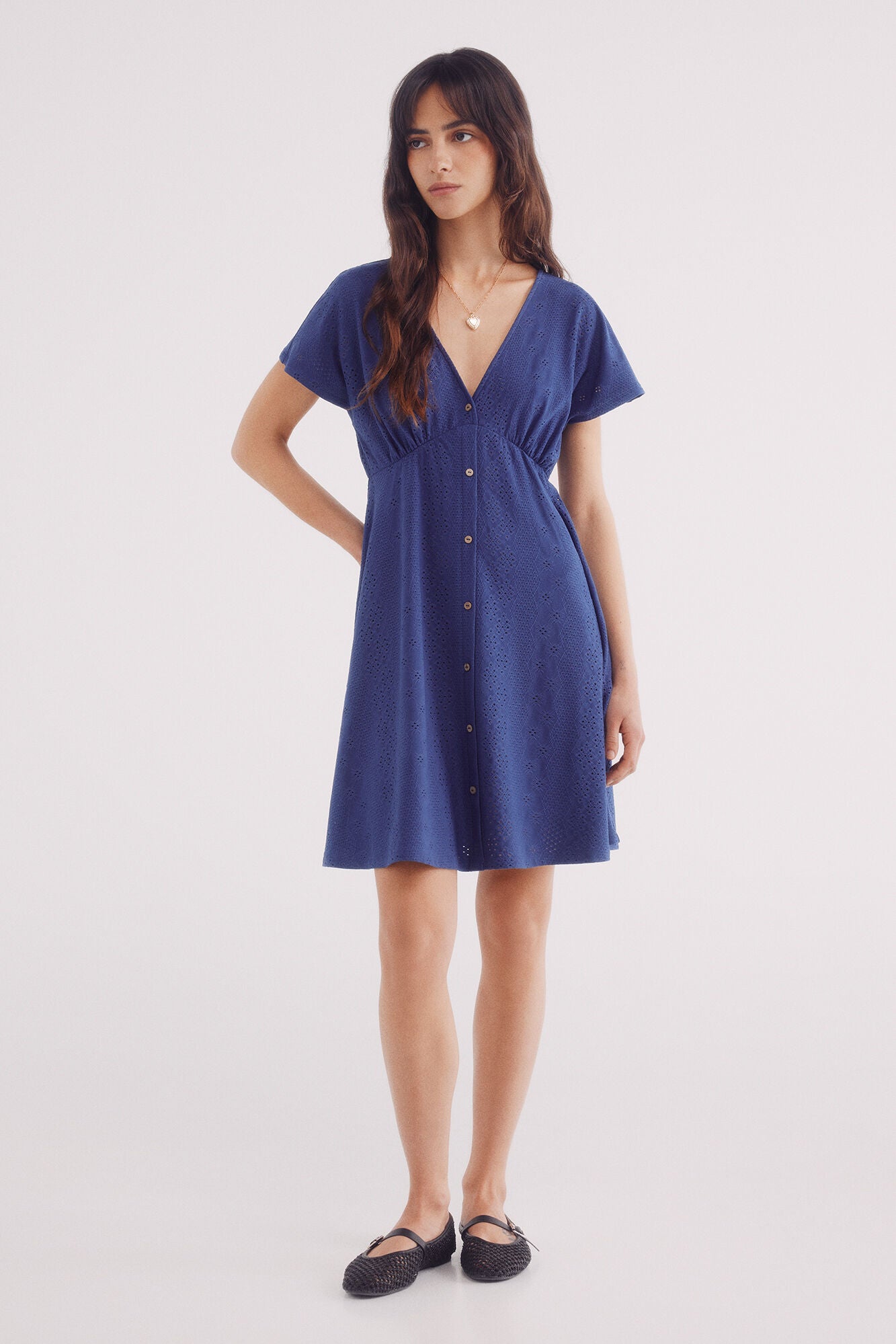 Short dress with Swiss embroidery buttons