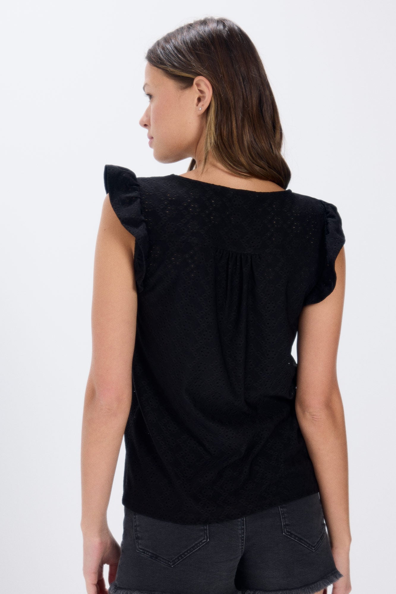 Swiss embroidery tie-front T-shirt