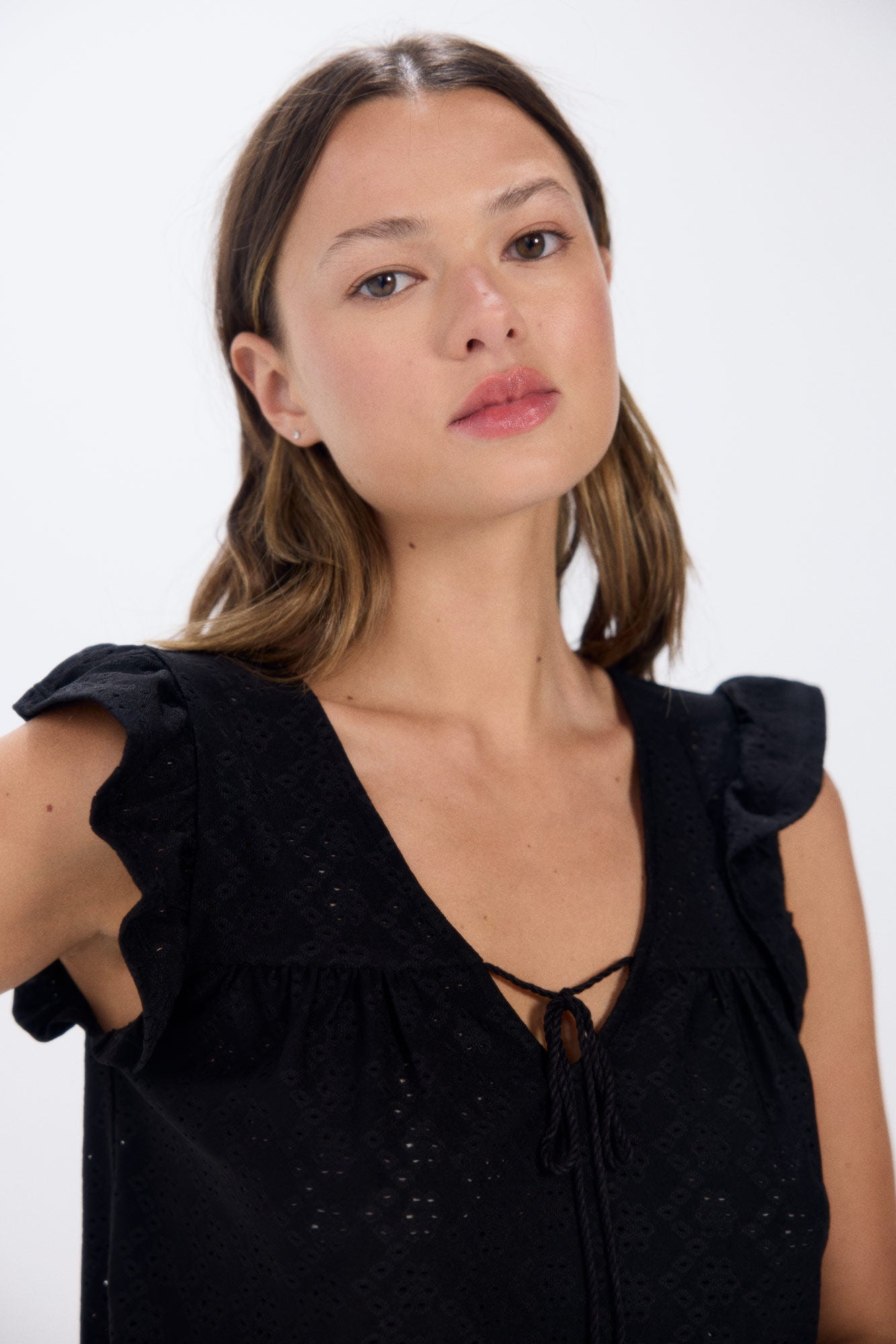 Swiss embroidery tie-front T-shirt