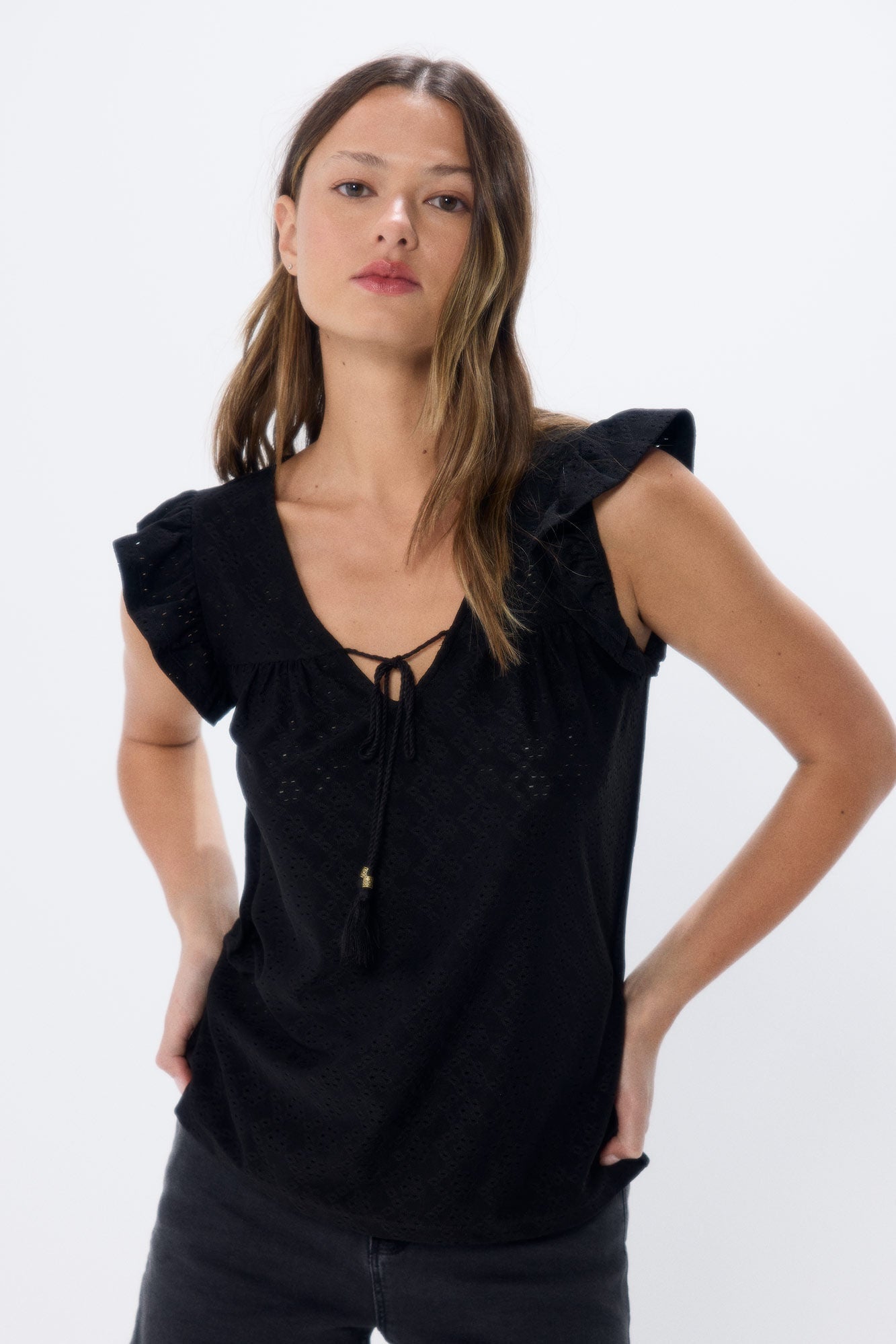 Swiss embroidery tie-front T-shirt