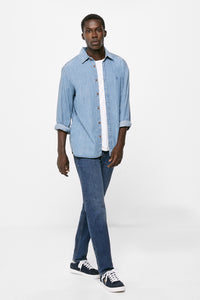 Lightweight distressed dark wash slim fit jeans