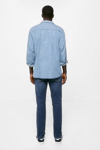 Lightweight distressed dark wash slim fit jeans