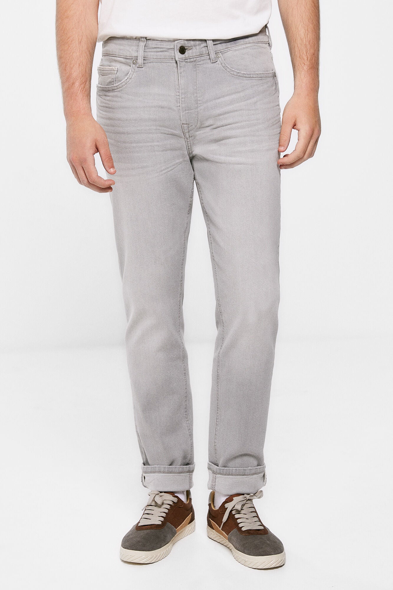 Lightweight distressed dark wash slim fit jeans