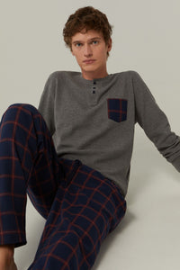 Pajamas with a corduroy collar and checked trousers