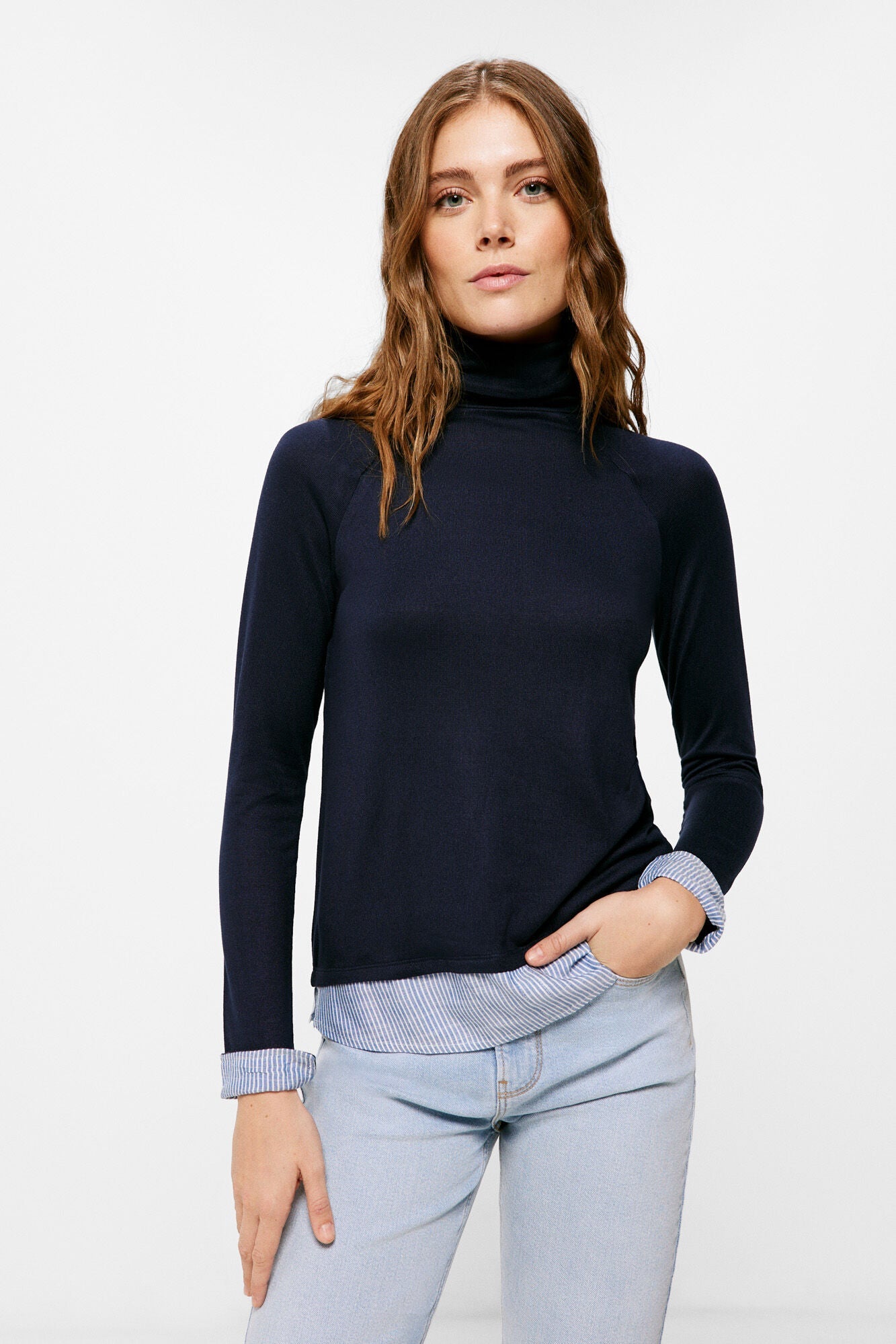 Two-material polo neck T-shirt