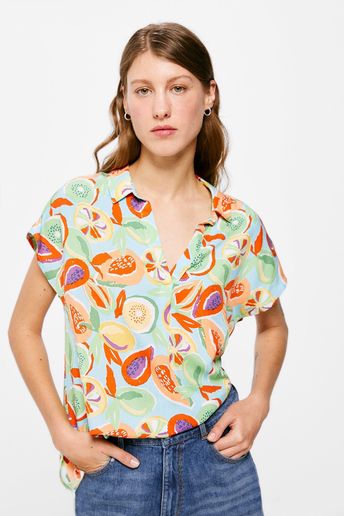 Printed polo shirt blouse