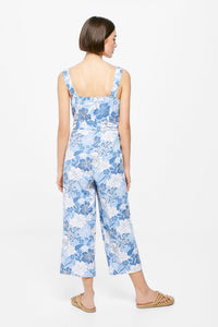 Printed linen/cotton strappy jumpsuit