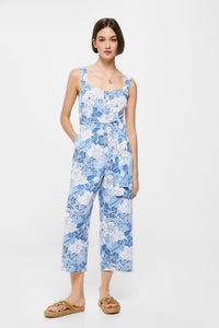 Printed linen/cotton strappy jumpsuit