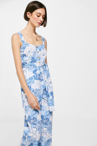 Printed linen/cotton strappy jumpsuit