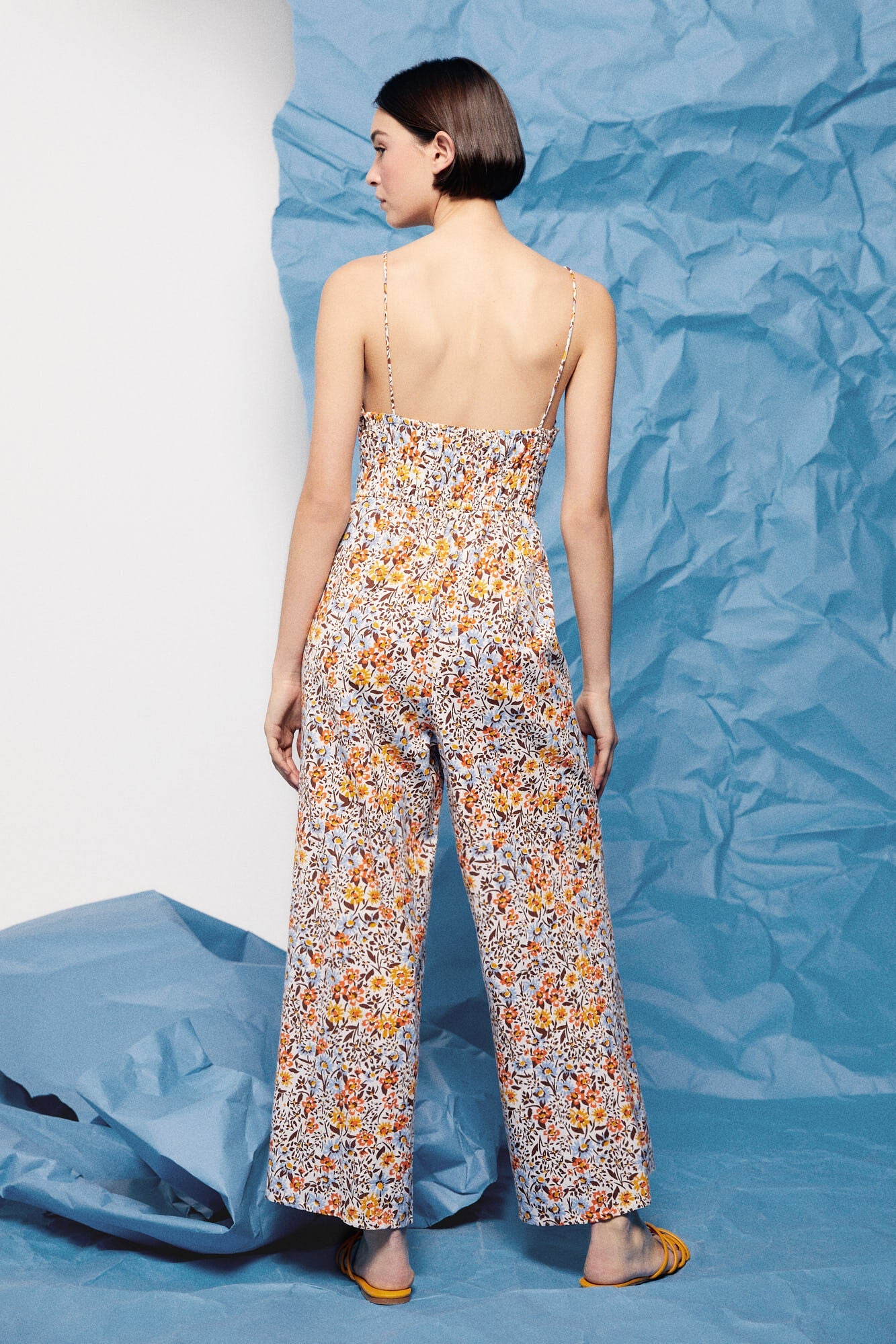 Printed cotton/linen elasticated jumpsuit