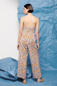 Printed cotton/linen elasticated jumpsuit