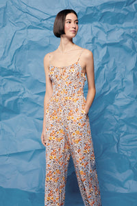 Printed cotton/linen elasticated jumpsuit